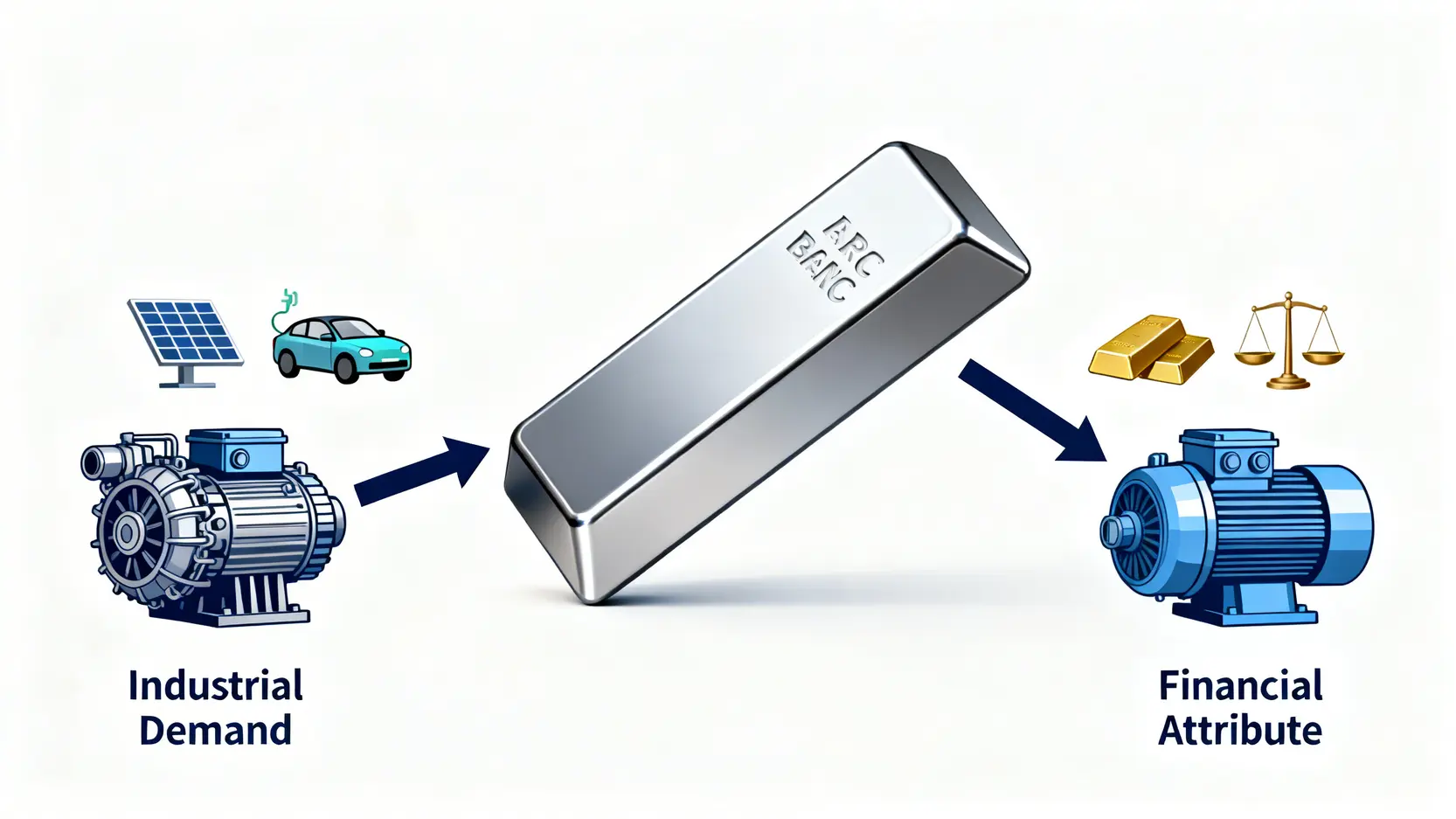 驅動2026年銀價的雙引擎模型圖,包含左側的工業需求(太陽能、電動車)和右側的金融屬性(避險、金銀比)。