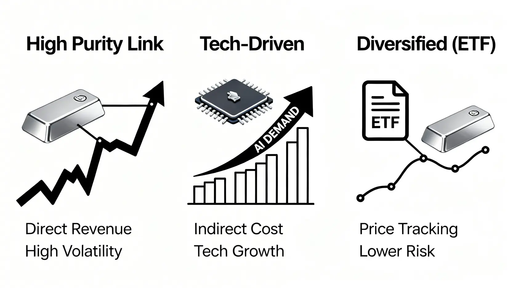 一張圖表解釋三種白銀概念股的類型與區別,包括高純度回收股、科技被動元件股以及白銀ETF。