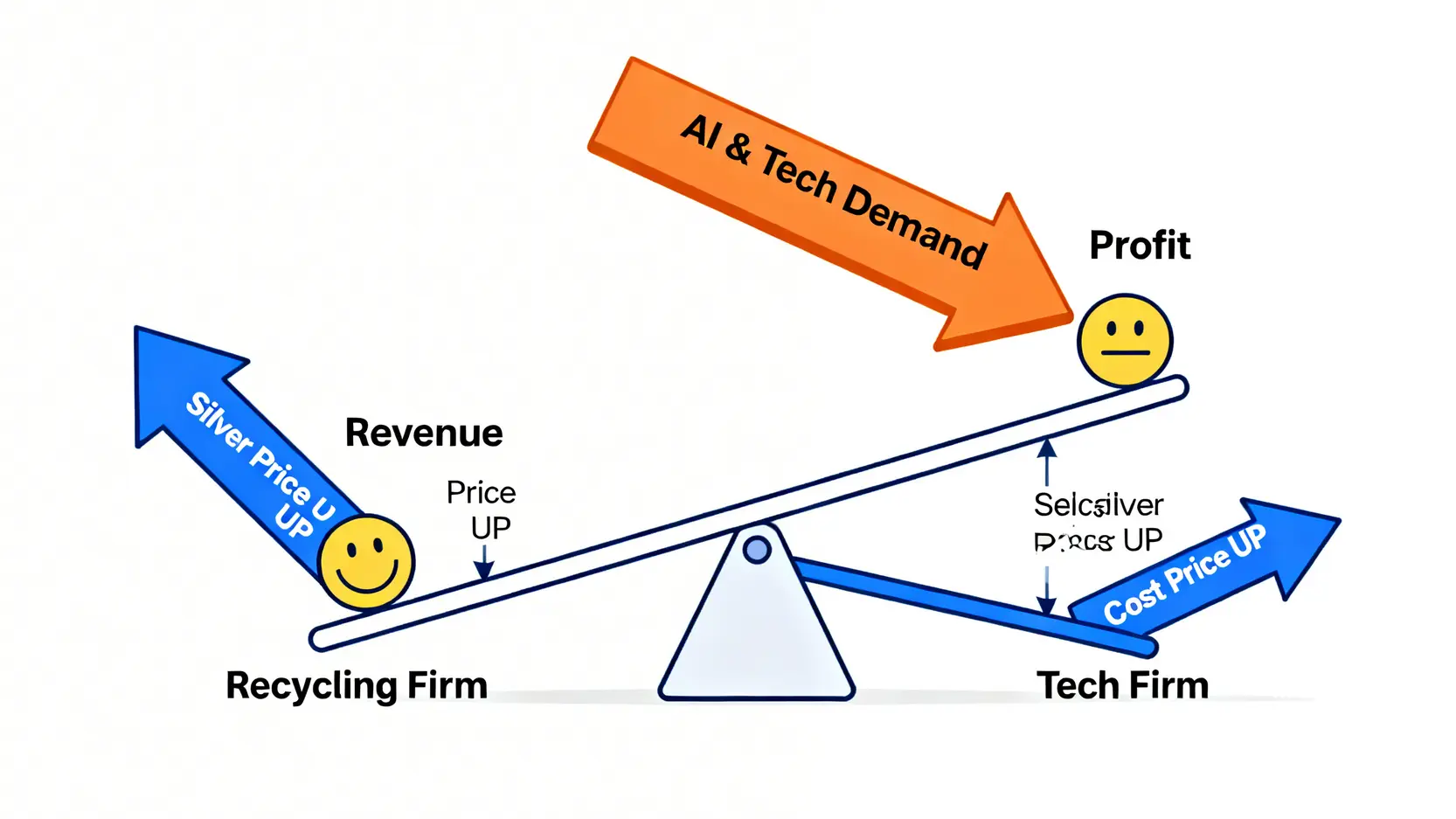 一張概念圖,對比銀價上漲對不同公司的影響:對回收公司是營收增加,對科技公司是成本壓力。