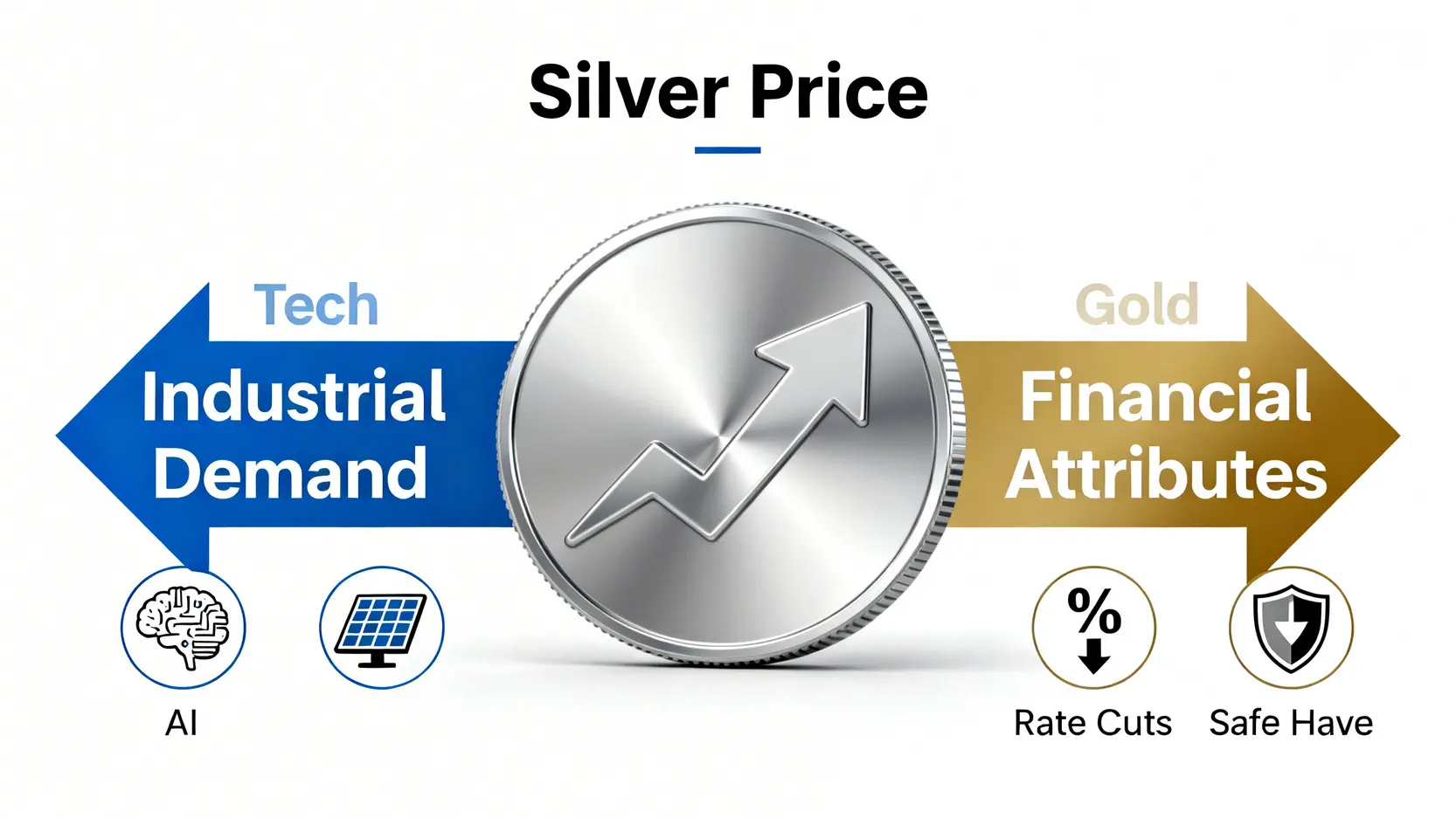 一張概念示意圖,展示驅動白銀價格上漲的兩大因素:左側是工業需求,包含AI與綠能圖示;右側是金融屬性,包含降息與避險圖示。