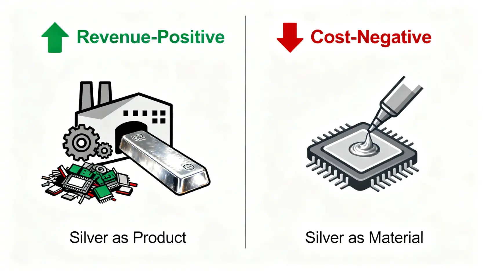 一張對比圖,解釋白銀概念股的兩種商業模式:左側是營收正相關,將廢料回收成白銀產品;右側是成本負相關,使用白銀作為生產原料。