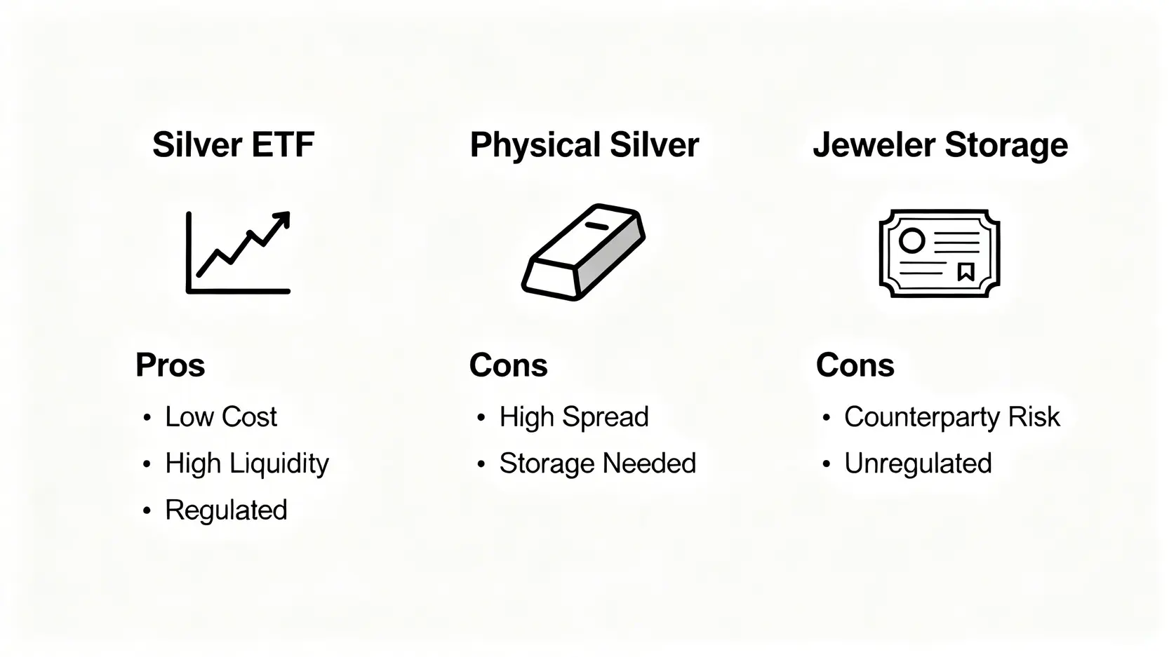 一張對比圖,比較白銀ETF、實體白銀和銀樓保管服務三種投資方式的優缺點。