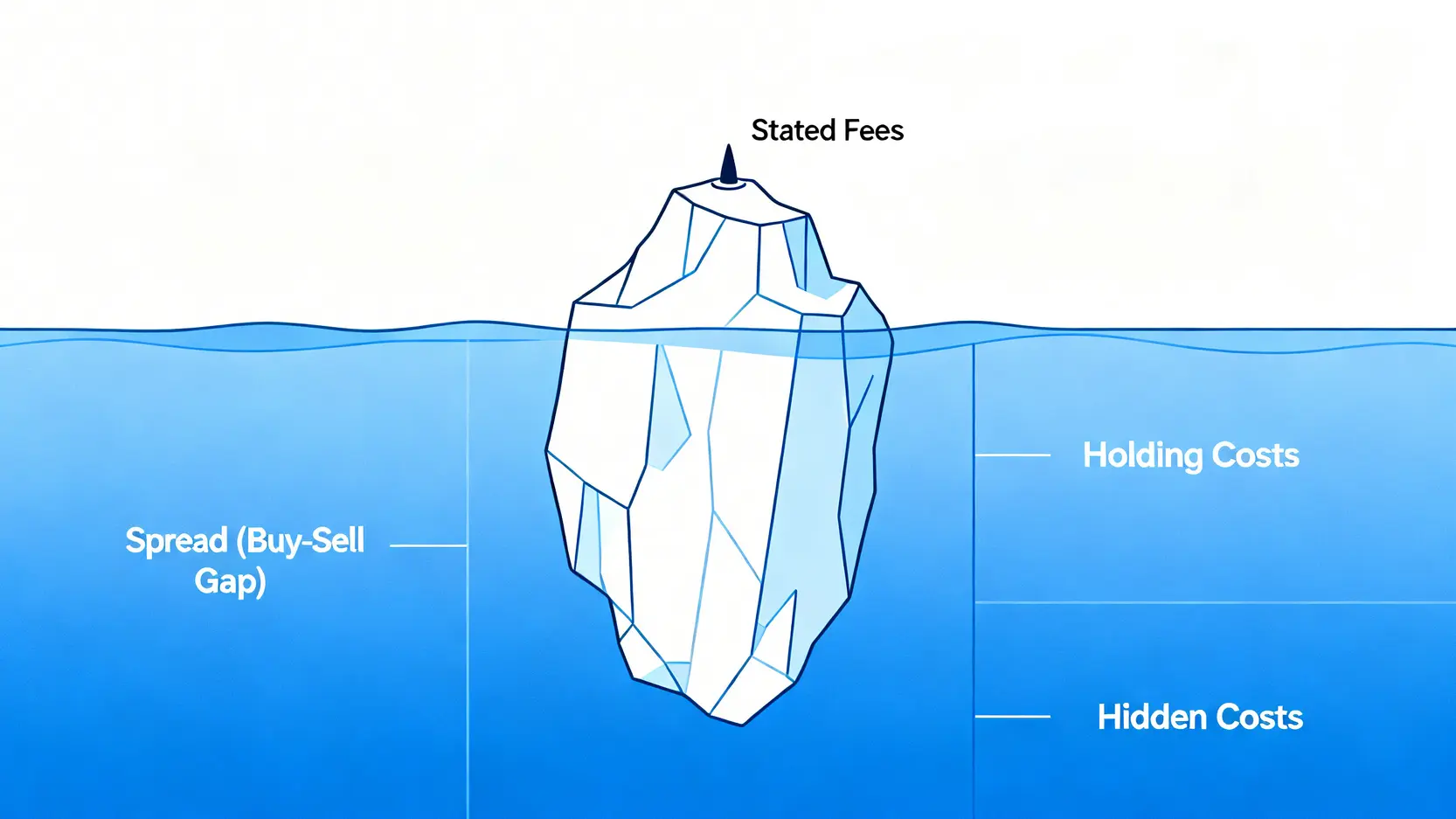 一張冰山圖,說明投資的總持有成本,其中手續費只是冰山一角,而價差、持有成本等隱藏費用佔據了大部分。