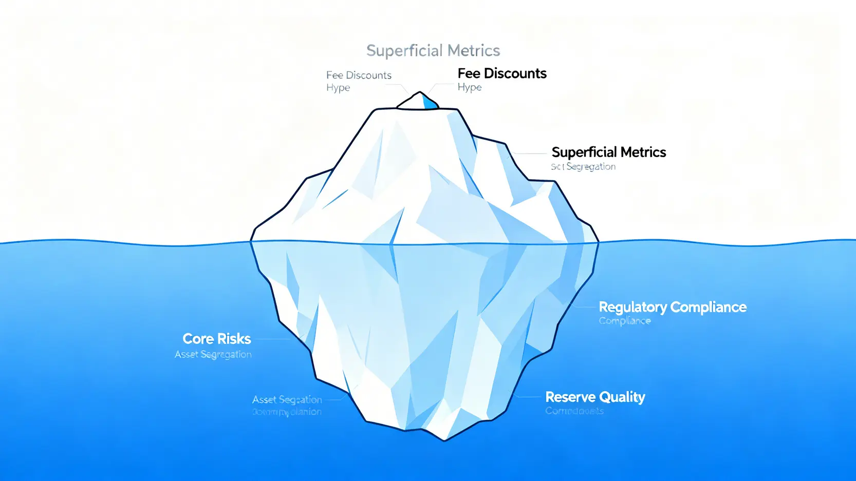 交易所風險冰山圖,顯示表面的手續費折扣等指標,以及水面下隱藏的資產隔離、合規性等核心風險。