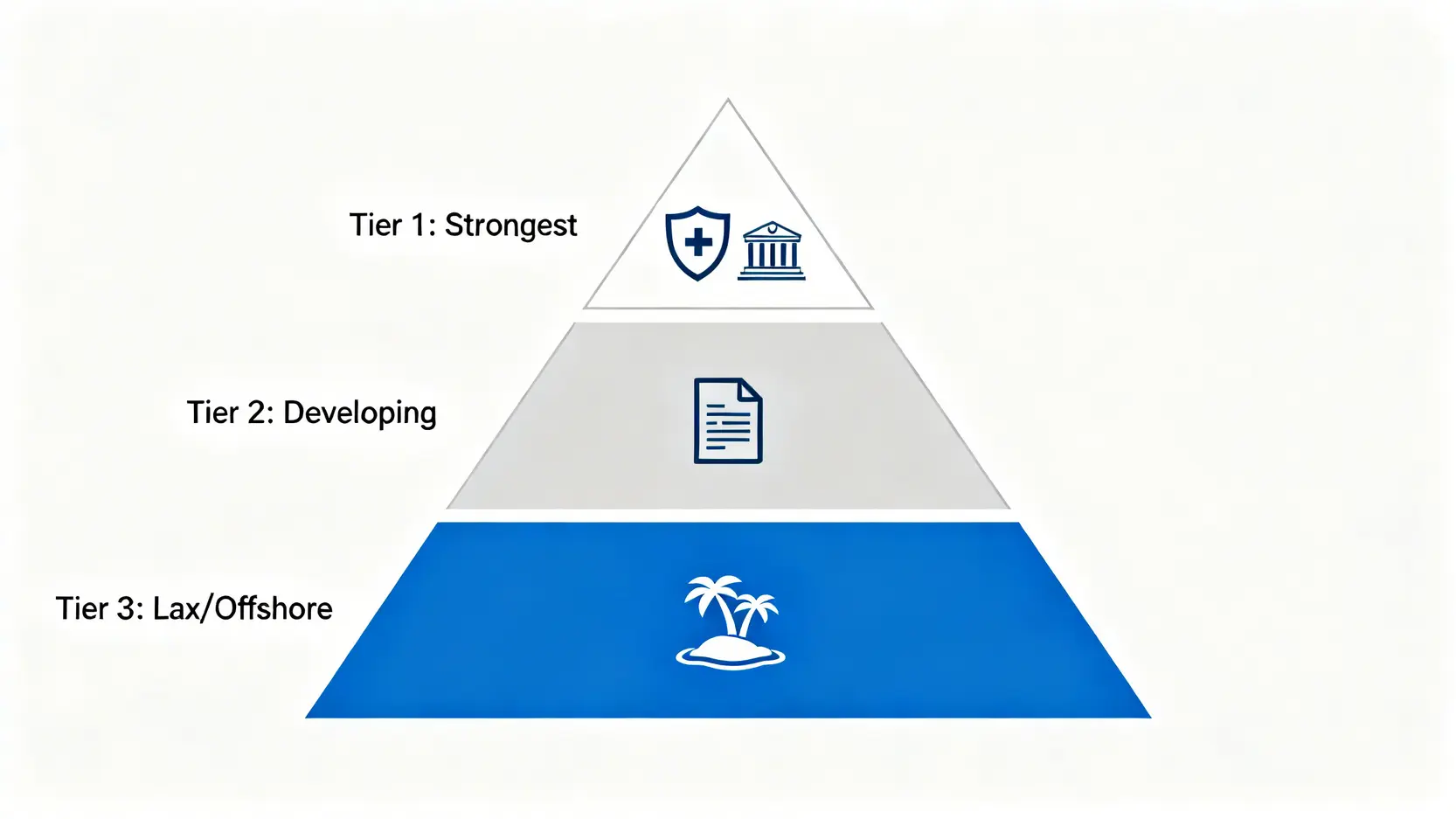 監管牌照金字塔,將全球監管機構分為頂級、中級和寬鬆三個等級。