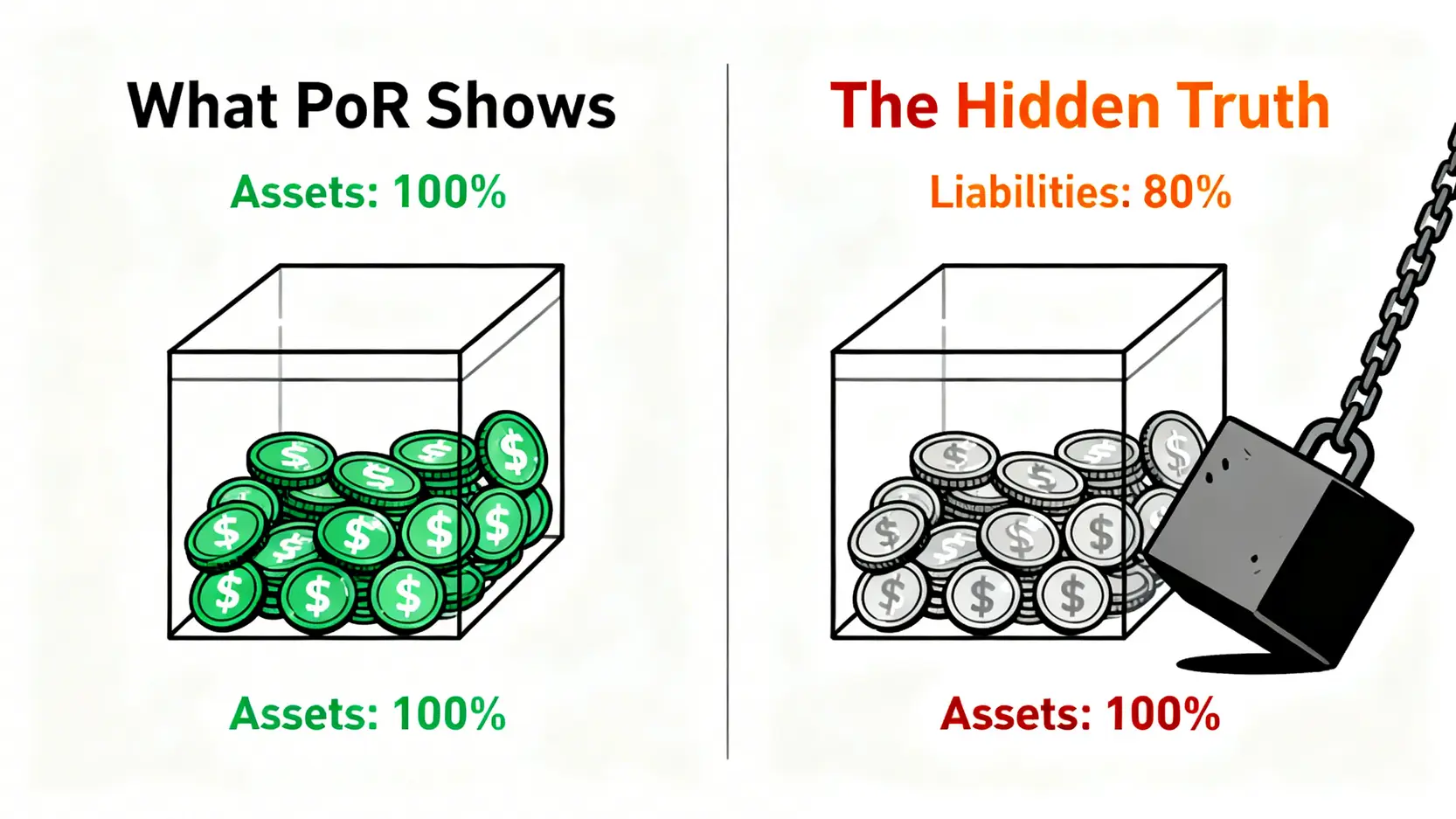 儲備證明(PoR)的局限性示意圖,顯示其只證明資產,卻無法揭露交易所的負債。