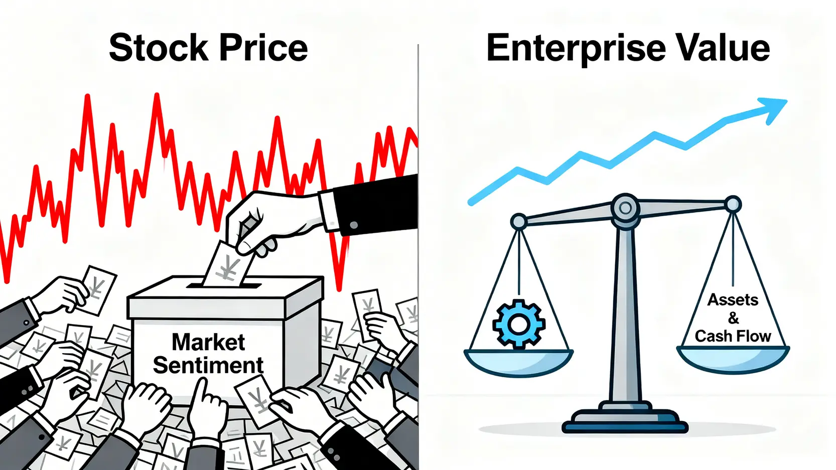 對比圖解釋股價與企業價值的區別:左側是代表市場情緒的投票機,右側是衡量真實資產的體重計。