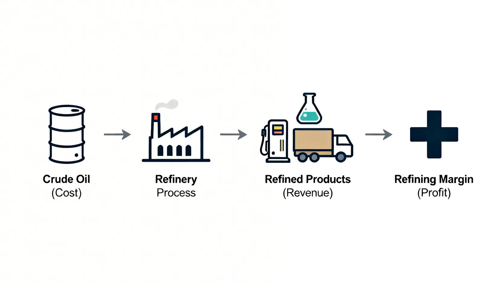 一張解釋煉油利潤率概念的流程圖,從原油成本到煉油過程,再到成品油收入,最終得出利潤。