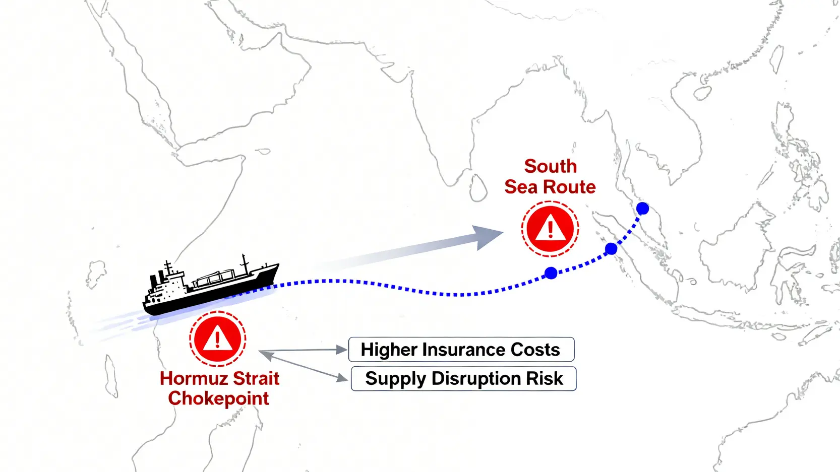 一張示意圖,展示原油從中東經荷莫茲海峽與南海航線運至東亞的路線,並標示出地緣政治風險點。