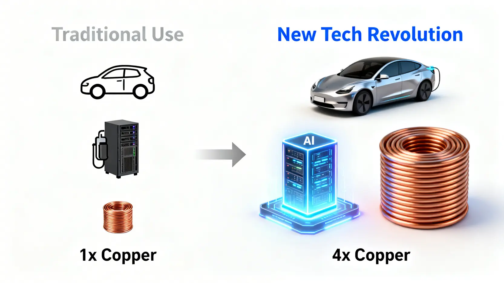 電動車與傳統汽車的銅用量對比示意圖